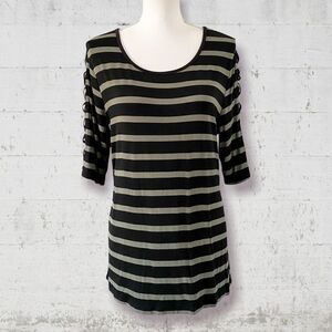Striped Black and Olive Cutout Sleeve Women’s Top